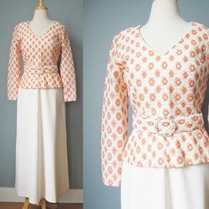 Vintage Peplum Gown White Peach sheer sleeves jeweled belt